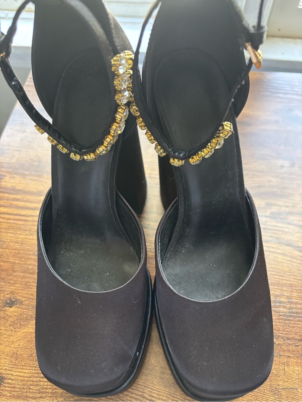 Black Satin Double Platform Heels Rhinestone Strap Square Toe 38 Bratz Vibe
